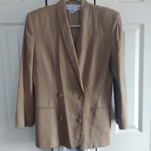 Rena Rowan for Saville Petite Tan Linen Blend Vintage Double Breasted Blazer 8P - Picture 1 of 12